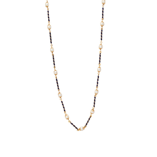 Blue Enamel Spiral Bars and Pearl Necklace - Main Img