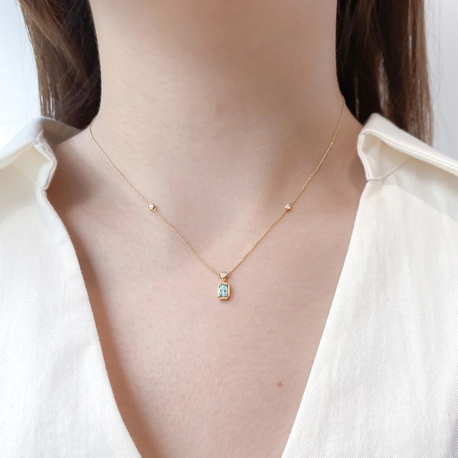 Milamore Diamond and Aquamarine March Birthstone Necklace - Necklaces - Broken English Jewelry on model