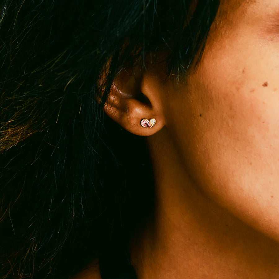 Milamore Duo Heart Studs - Pink Tourmaline and Diamond - Earrings - Broken English Jewelry on model