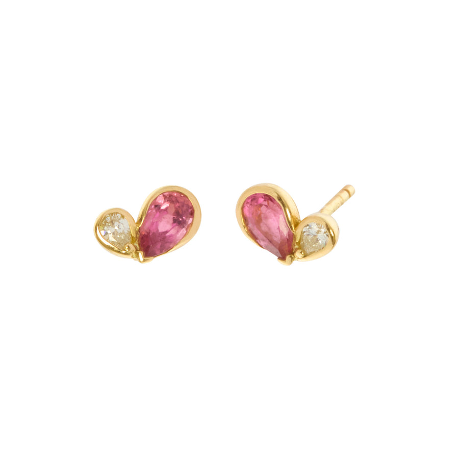 Milamore Duo Heart Studs - Pink Tourmaline and Diamond - Earrings - Broken English Jewelry front view