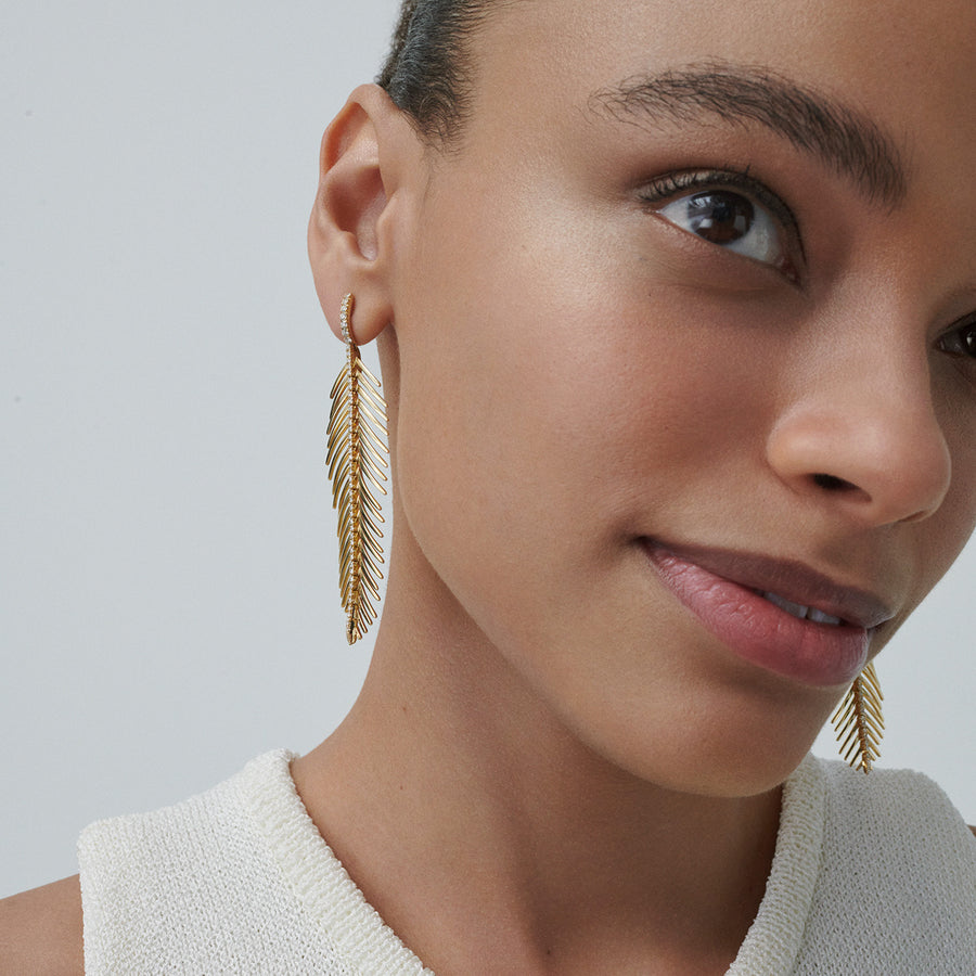 Sidney Garber Feathers That Move Earrings - Yellow Gold - Earrings - Broken English Jewelry on model