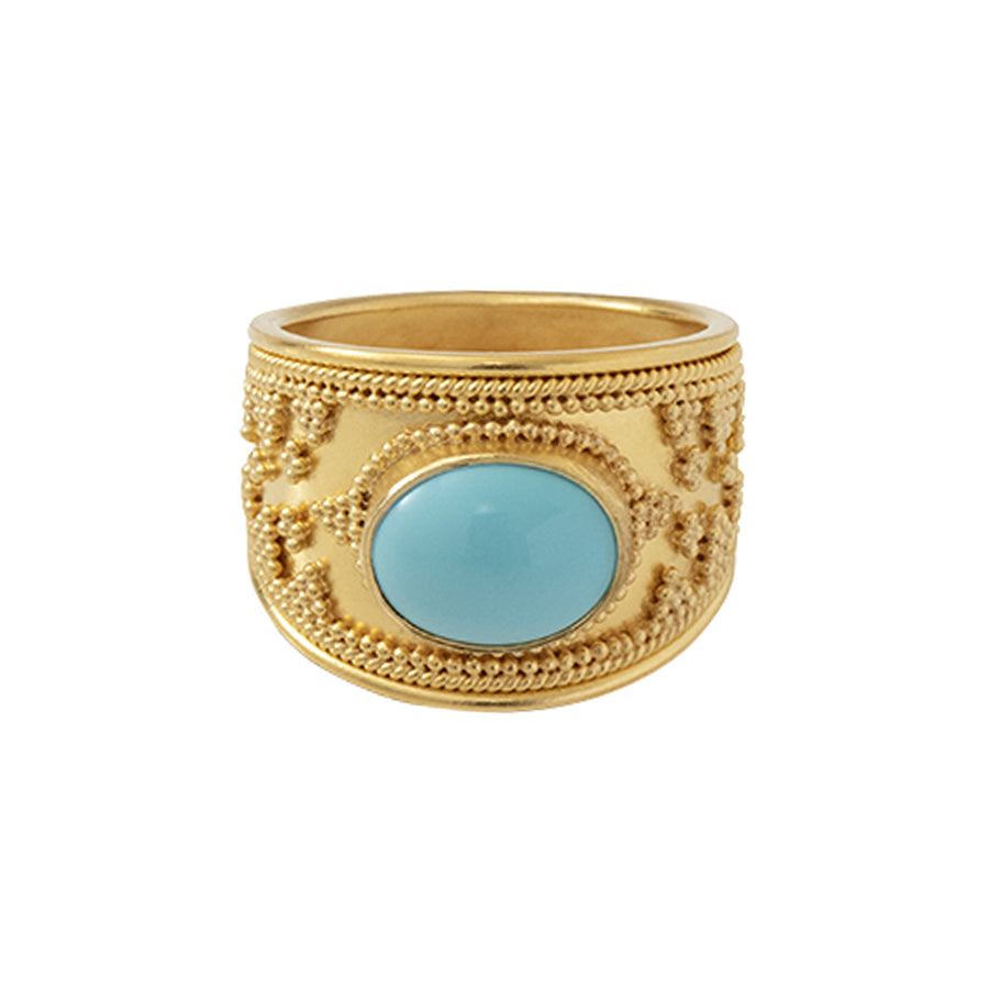 Lalaounis Granulation and Turquoise Hellenistic Ring - Rings - Broken English Jewelry front view