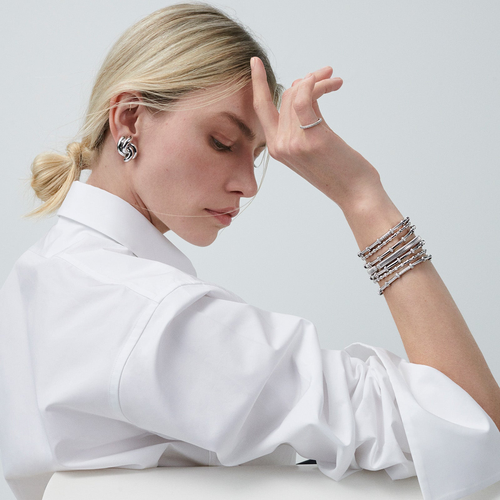 Sidney Garber Diamond Tubogas Bettina Bangle - White Gold - Bracelets - Broken English Jewelry on model