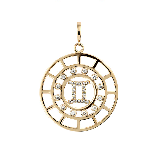 Gemini Zodiac Pendant with Diamond in 18K Yellow Gold