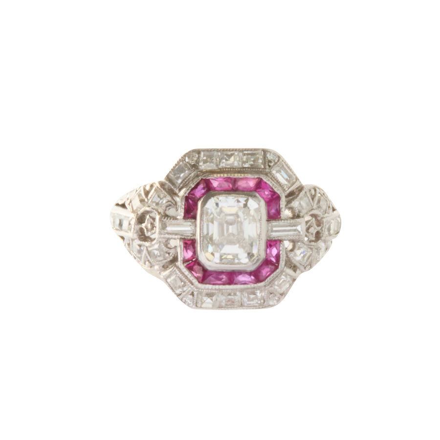 Art Deco Asscher Cut Diamond & Ruby Ring