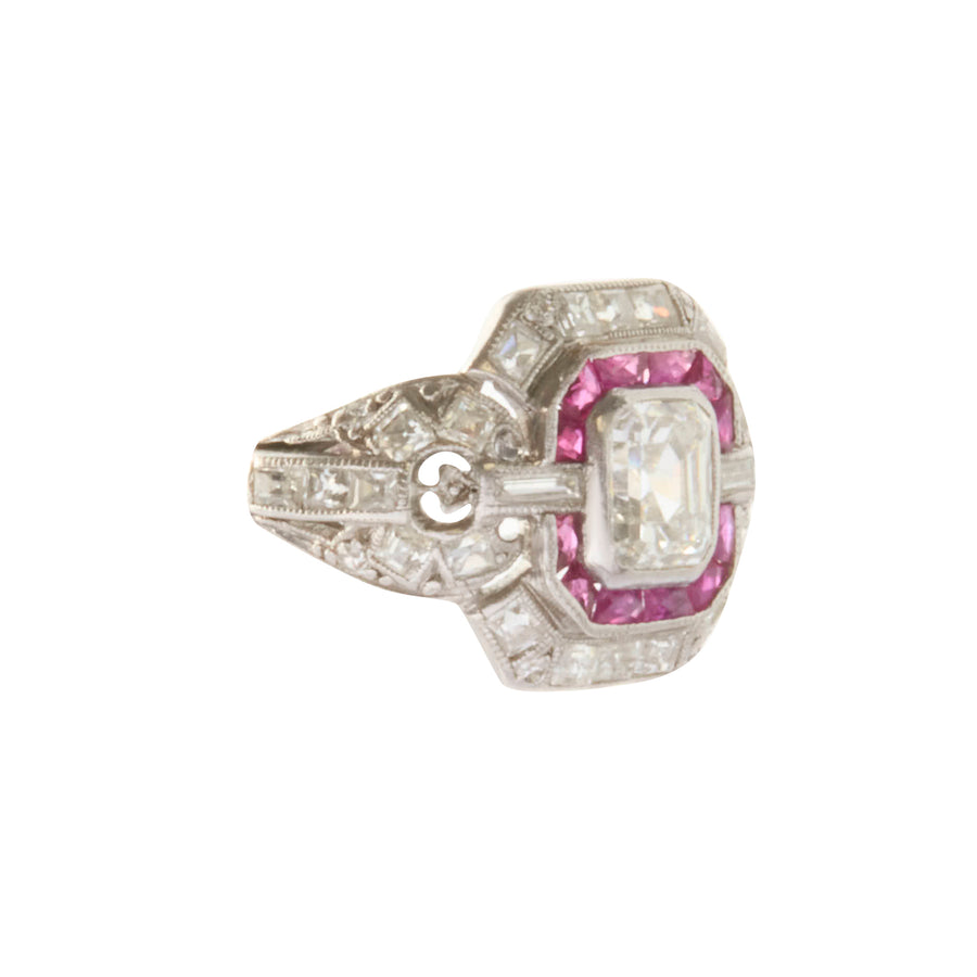 Art Deco Asscher Cut Diamond & Ruby Ring