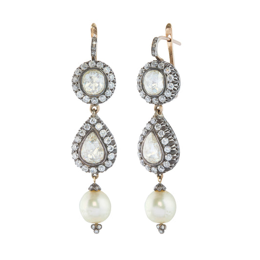 Indo Russian Cut Diamond and Pearl Pendant Earrings - Main Img
