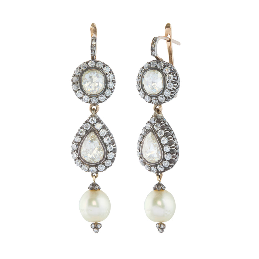 Indo Russian Cut Diamond and Pearl Pendant Earrings