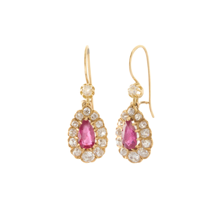 Victorian Pearl-Shaped Ruby & Mine Cut Diamond Earrings