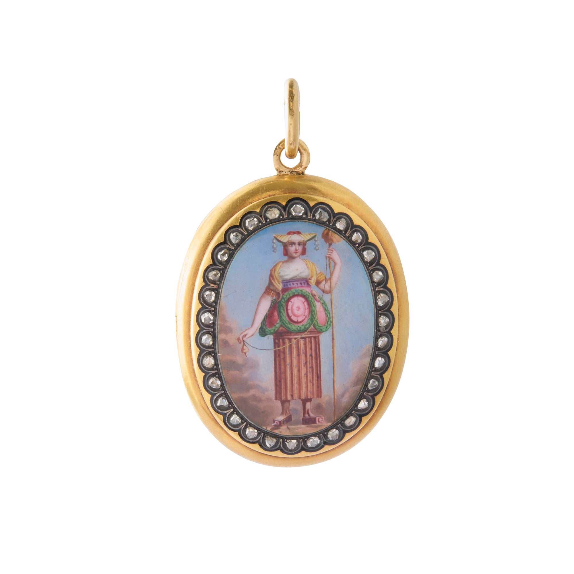 Rose Cut Diamond Painted Lady Locket 18K Yellow Gold (circa 1900)