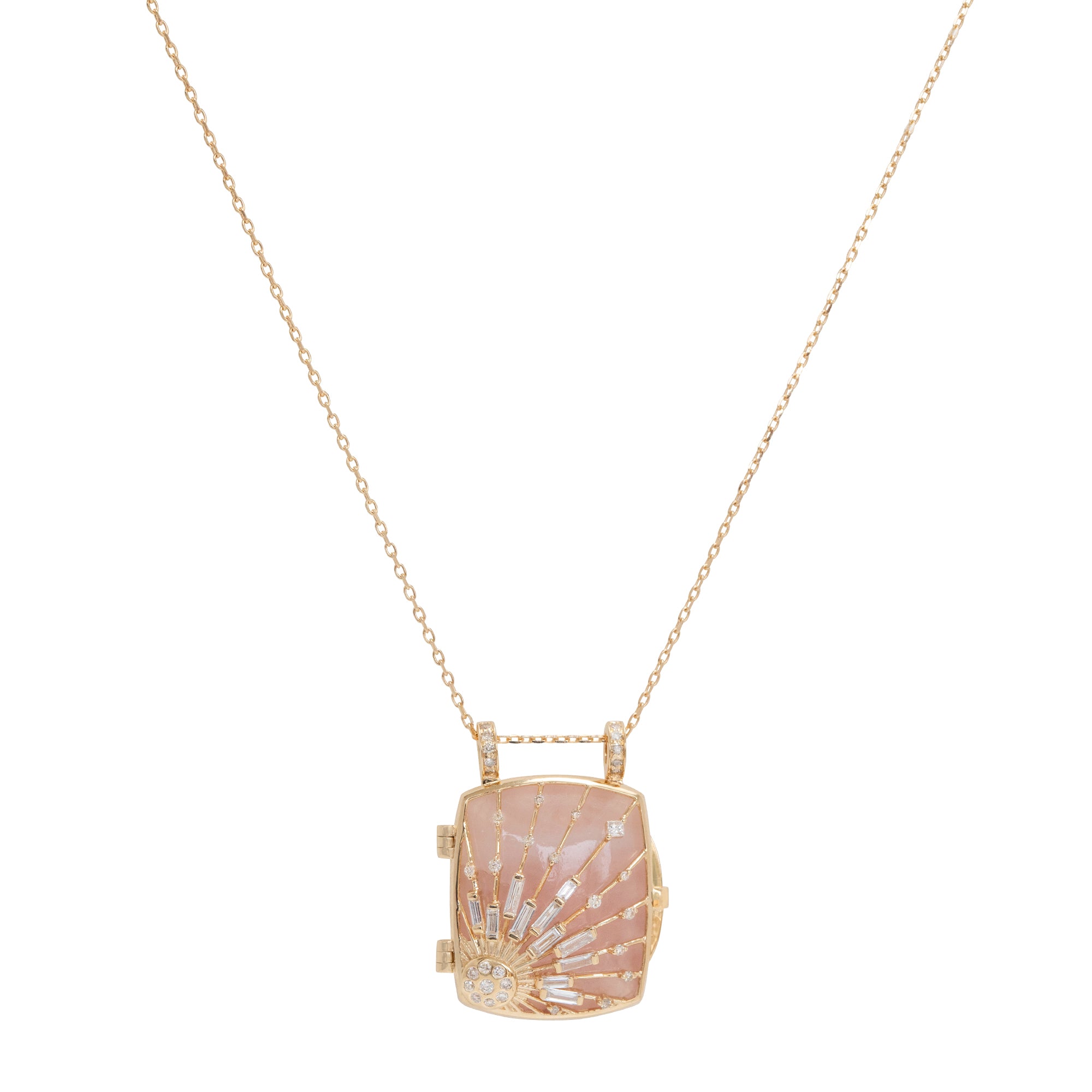 Pink Quartz and Diamond Sun Beams Locket Chain Necklace