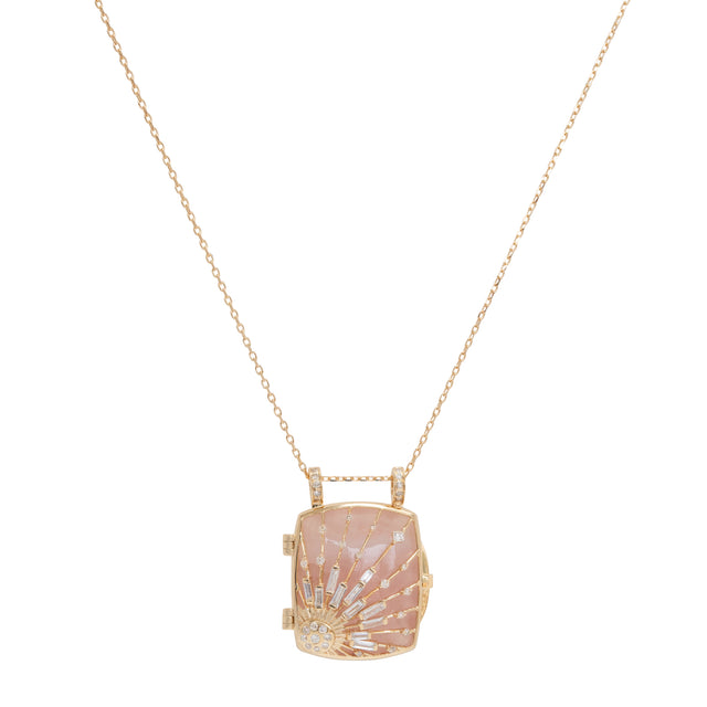Pink Quartz and Diamond Sun Beams Locket Chain Necklace