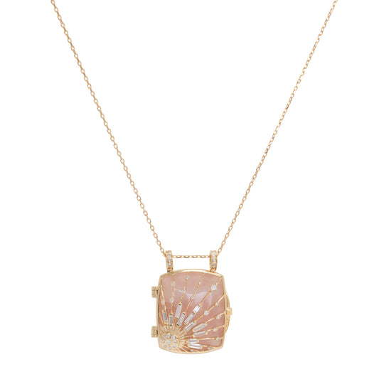 Pink Quartz and Diamond Sun Beams Locket Chain Necklace - Main Img