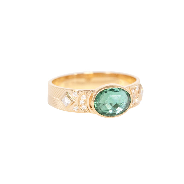 Light Green Tourmaline and Diamond Totem Ring