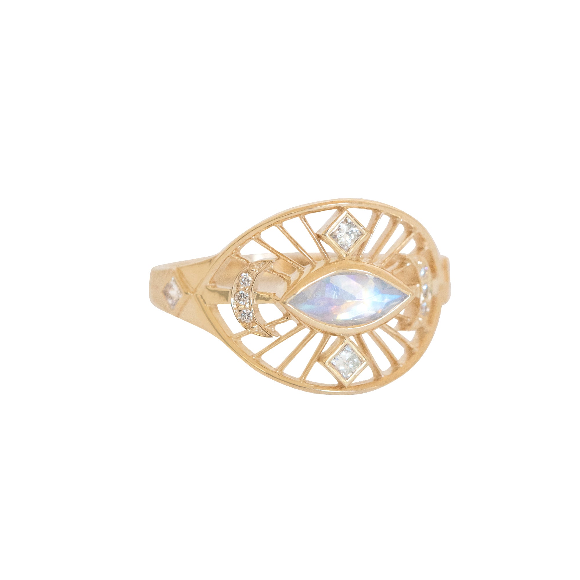 Moonstone and Diamond Eye and Crescent Moon Ring