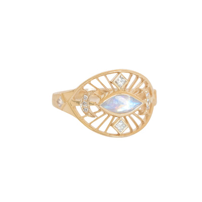 Moonstone and Diamond Eye and Crescent Moon Ring