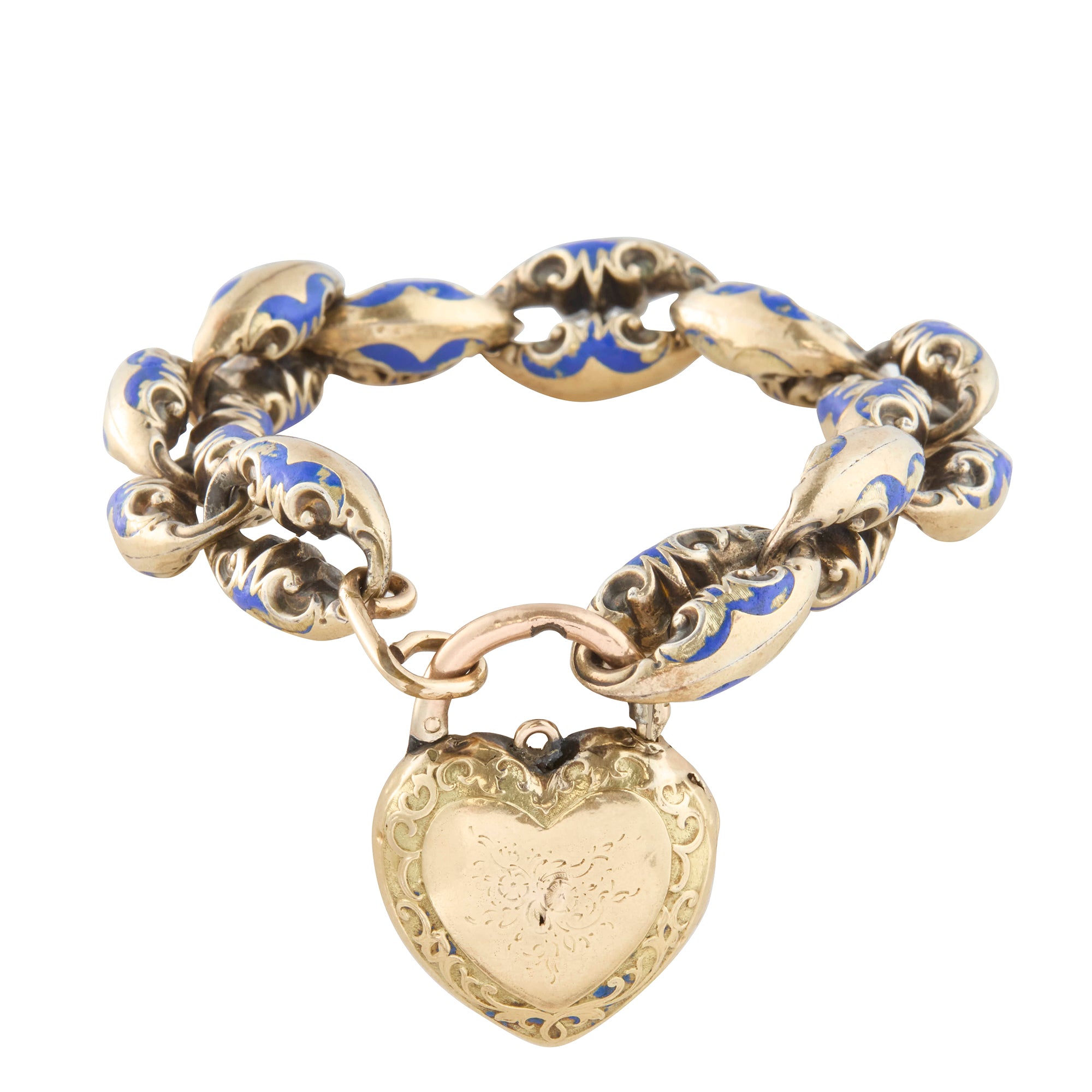 Antique Enamel Oval Link Bracelet with Heart Locket