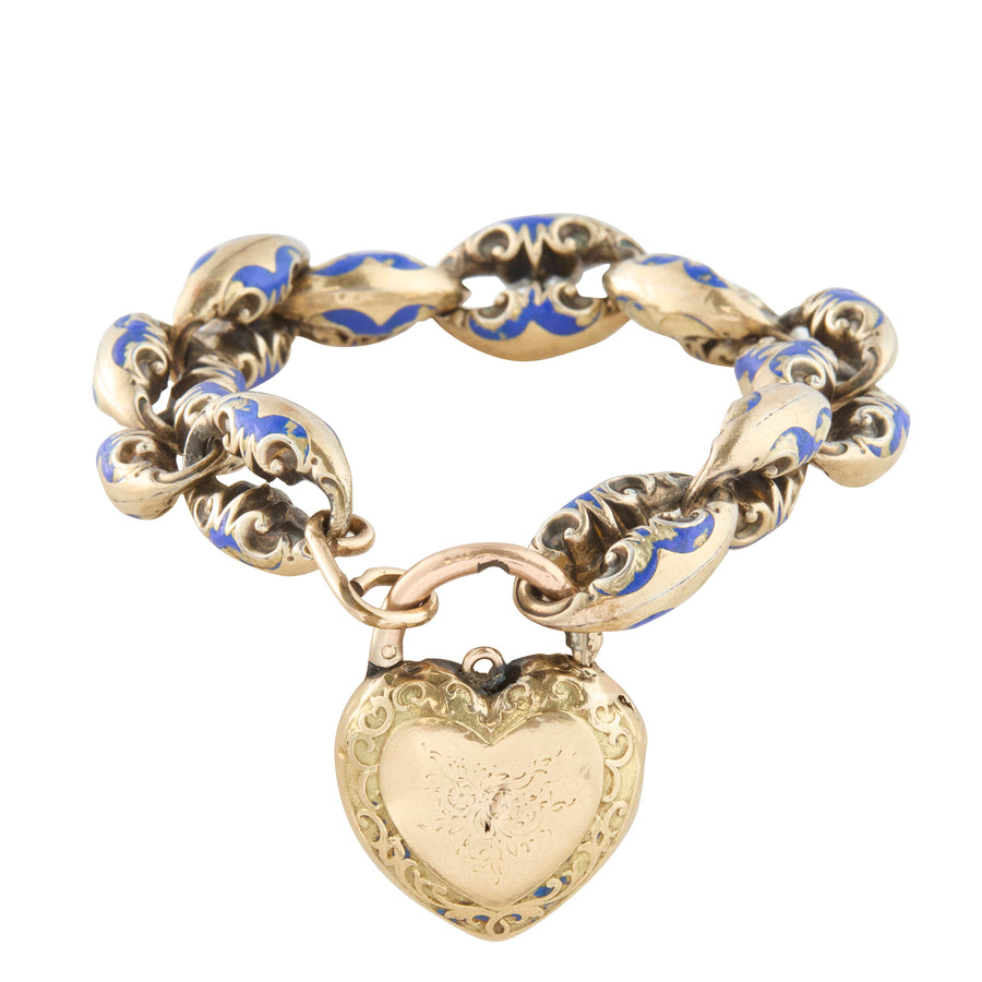 Antique Enamel Oval Link Bracelet with Heart Locket