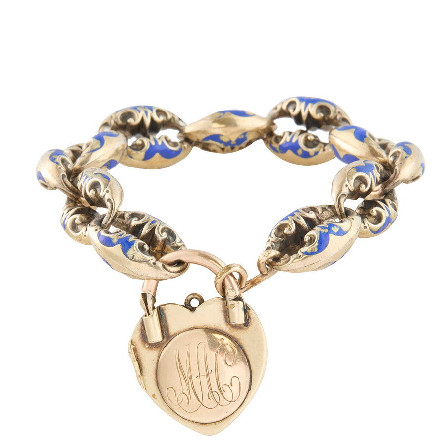 Antique Enamel Oval Link Bracelet with Heart Locket