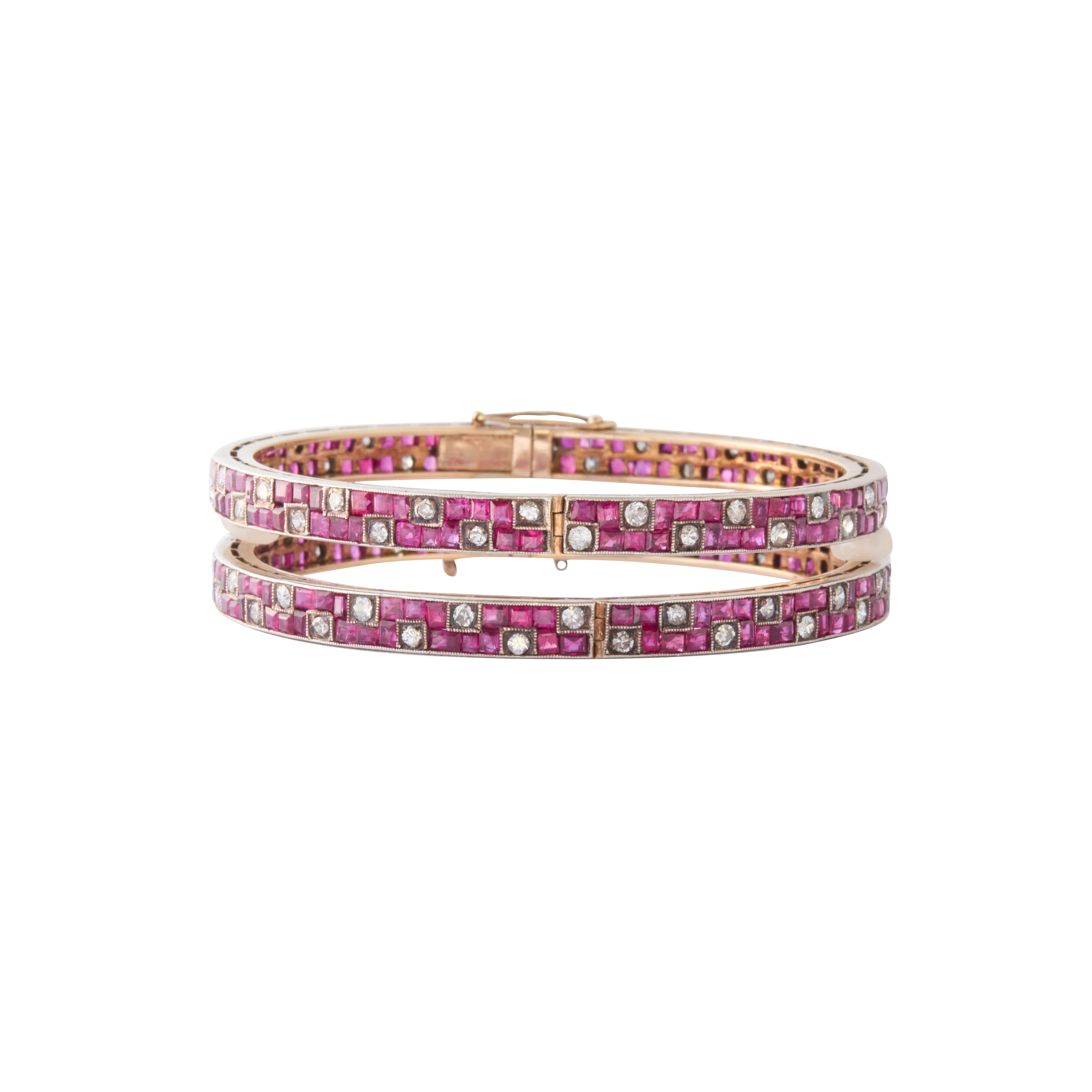 Pair Old Mine Cut Square Ruby Small Bangles 18K Yellow Gold