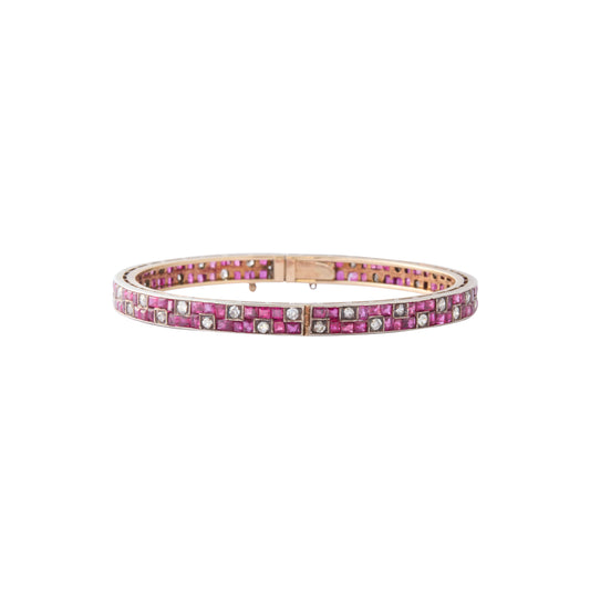 Pair Old Mine Cut Square Ruby Small Bangles 18K Yellow Gold - Main Img