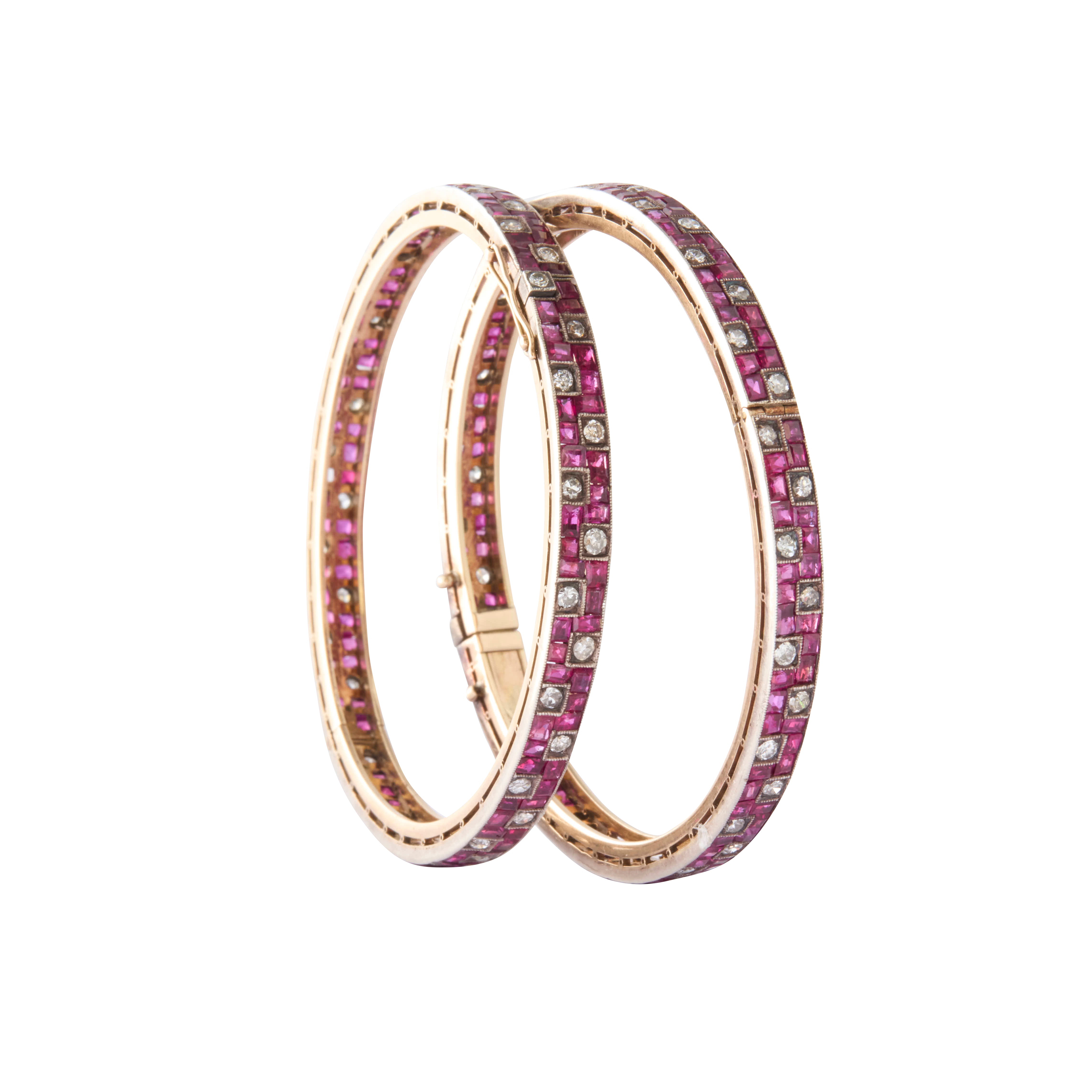 Pair Old Mine Cut Square Ruby Small Bangles 18K Yellow Gold