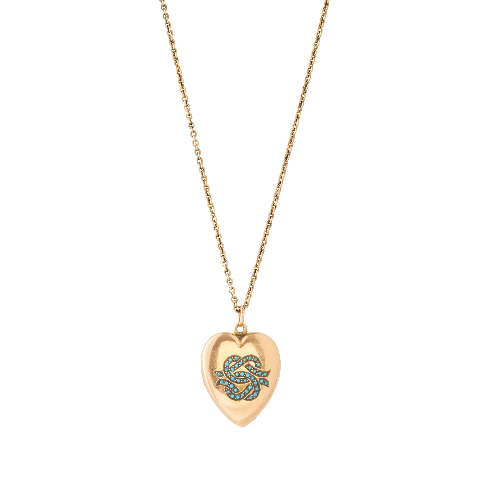 Turquoise Heart Shaped Locket 15K Yellow Gold 18"