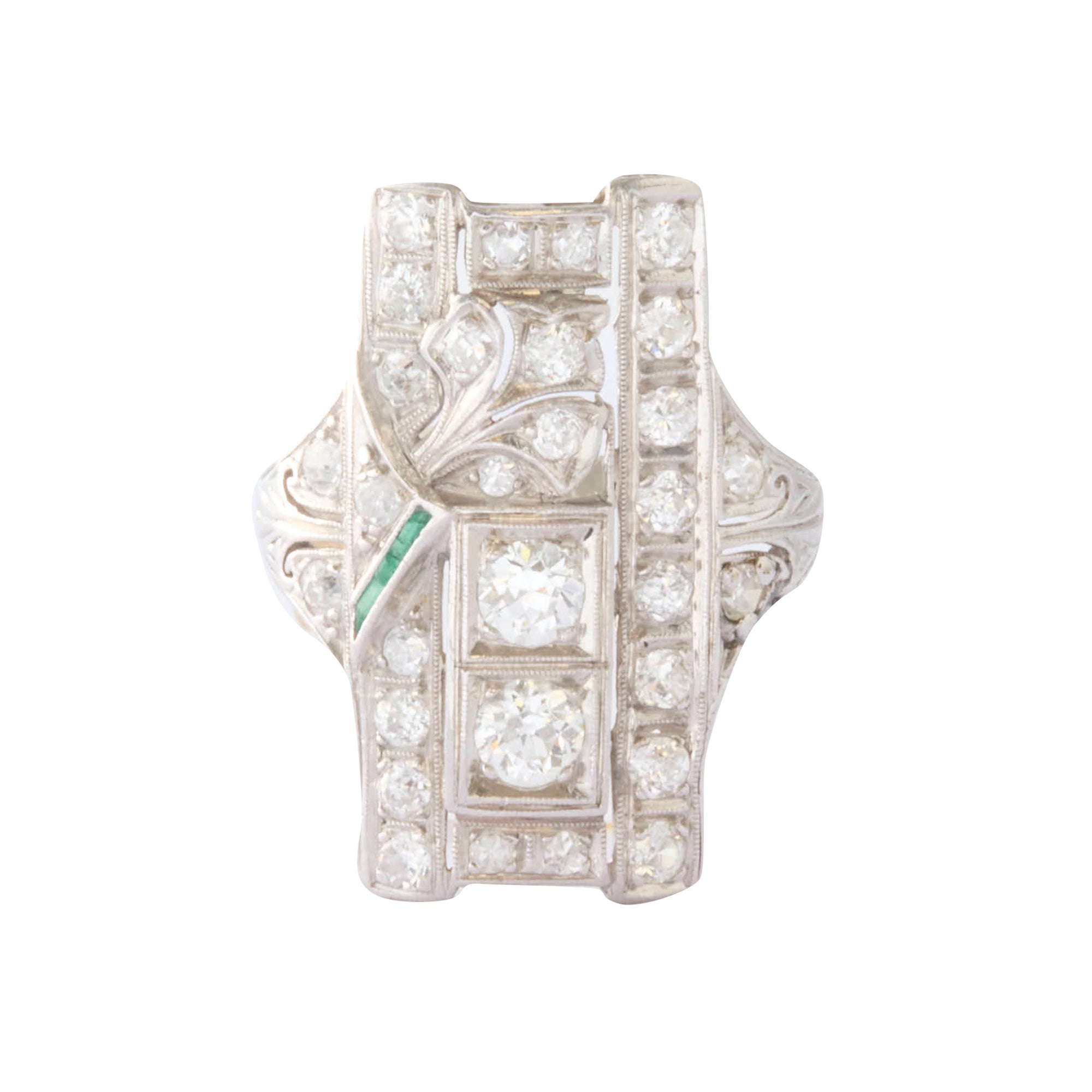 Deco Diamond and Small Emerald Platinum Ring