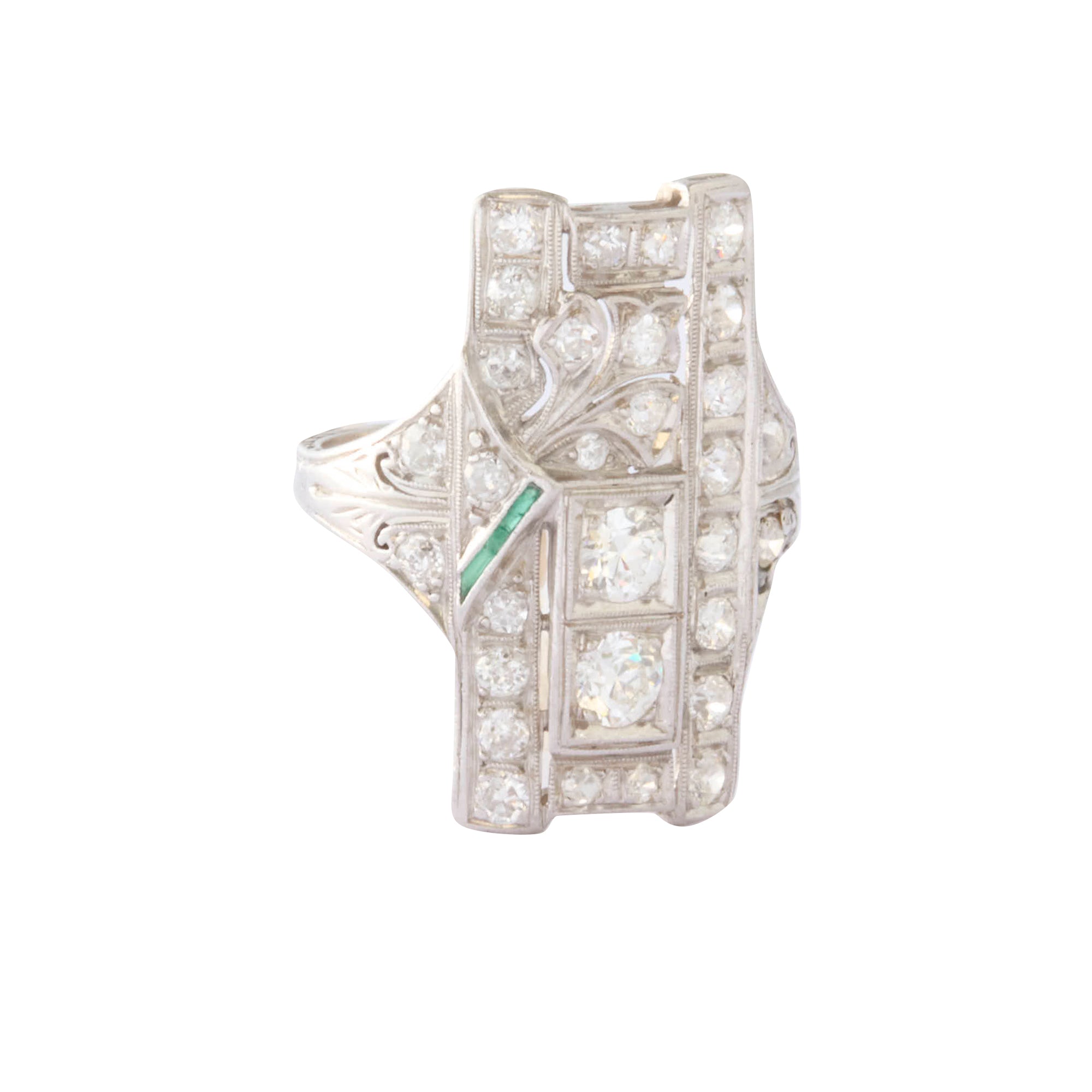 Deco Diamond and Small Emerald Platinum Ring