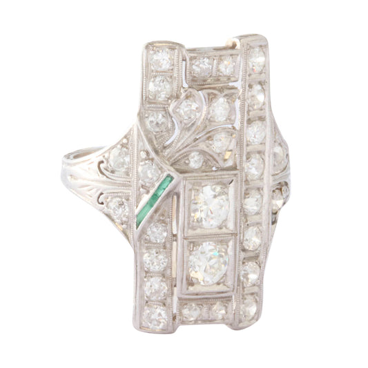 Deco Diamond and Small Emerald Platinum Ring