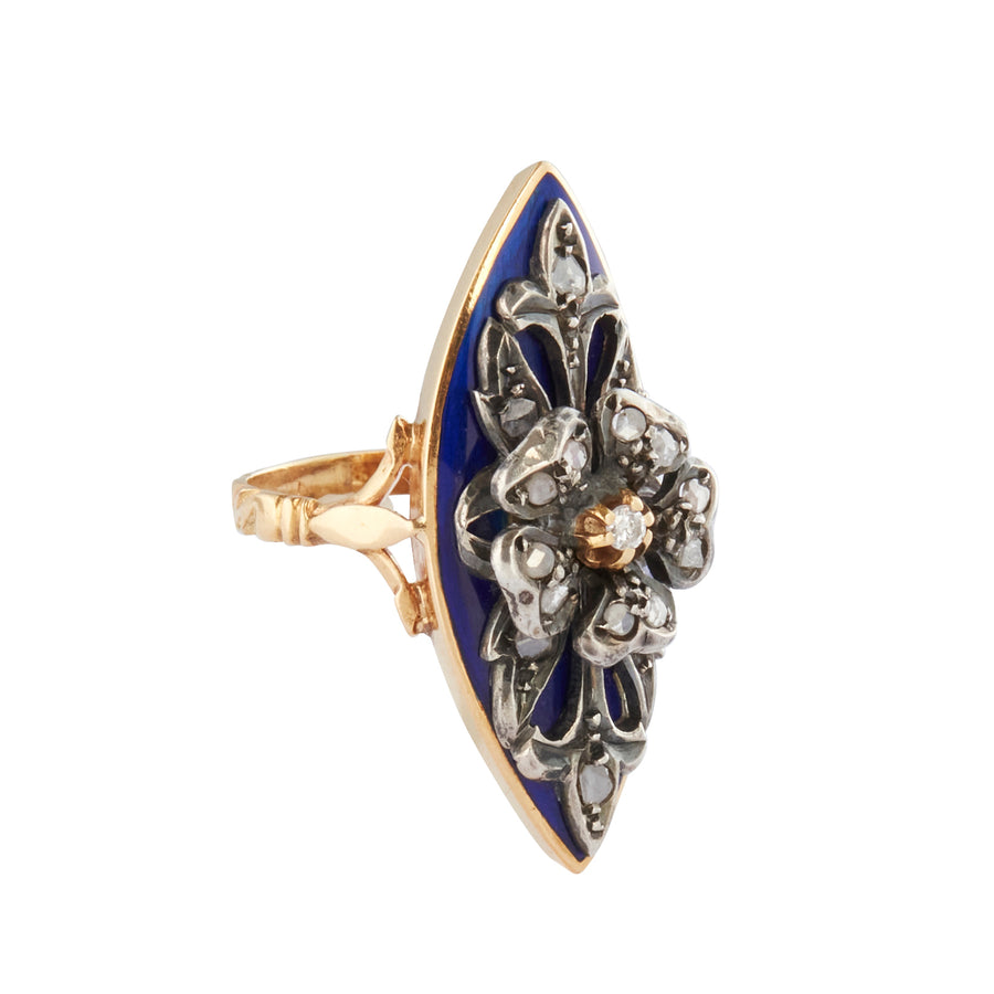 Antique & Vintage Jewelry Blue Enamel Flower Ring side view