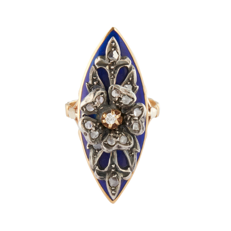 Antique & Vintage Jewelry Blue Enamel Flower Ring front view