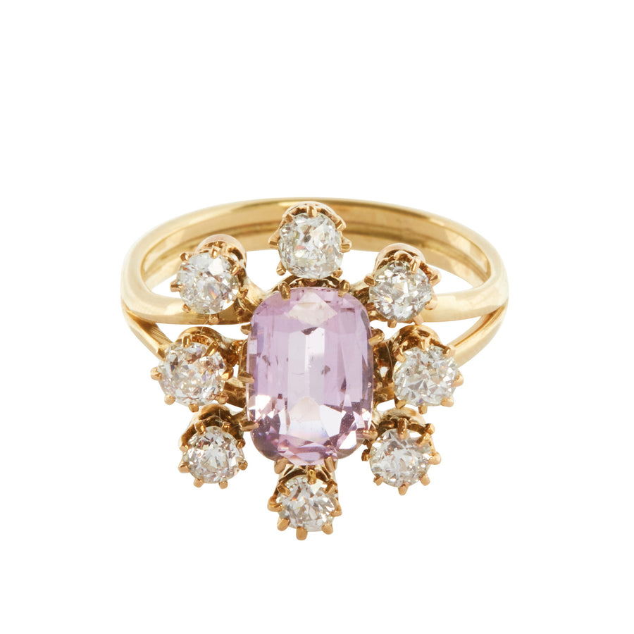 Antique & Vintage Jewelry Cushion Cut Pink Topaz Cluster Ring - Rings - Broken English Jewelry front view
