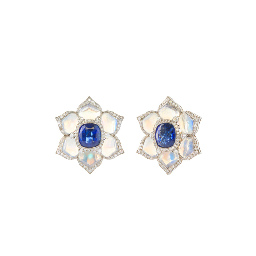 Flower Earrings - Blue Sapphire, Moonstone and Diamond