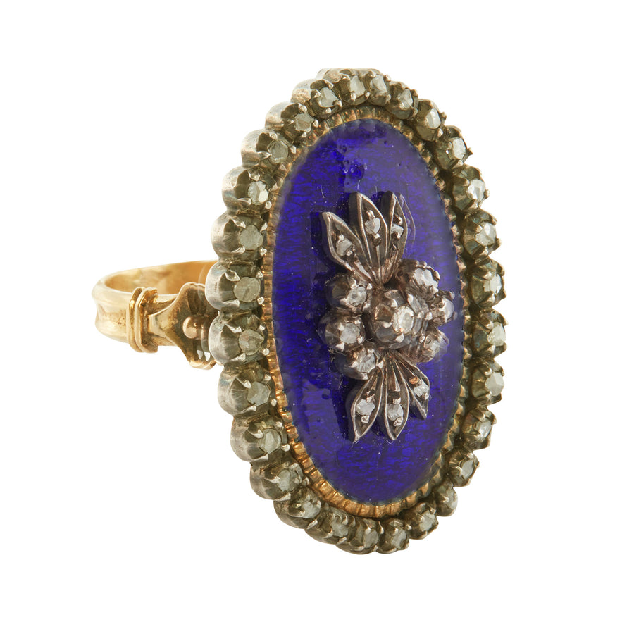 Antique & Vintage Jewelry Cobalt Blue Enamel and Rose Cut Diamond Floral Ring - Rings - Broken English Jewelry side view