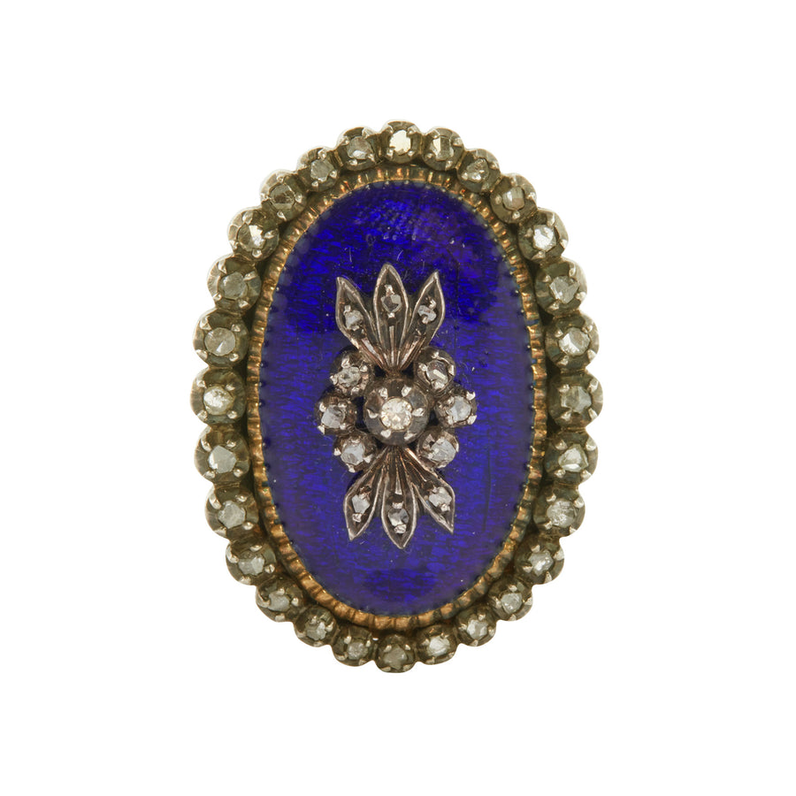 Antique & Vintage Jewelry Cobalt Blue Enamel and Rose Cut Diamond Floral Ring - Rings - Broken English Jewelry front view