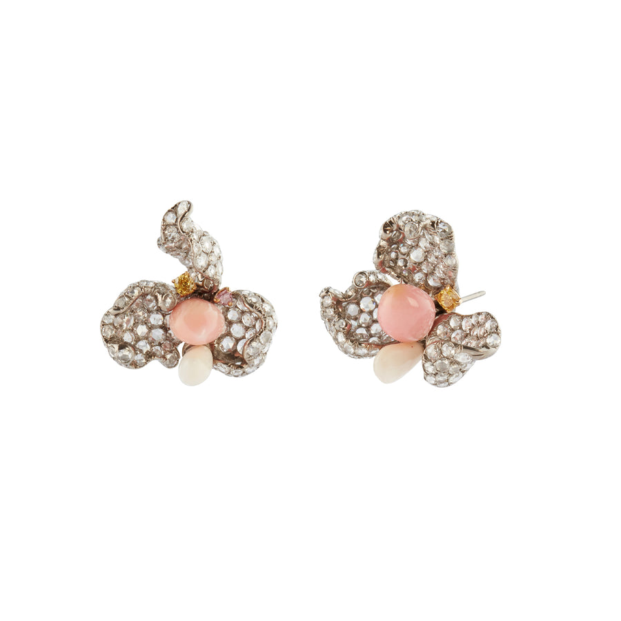 Arunashi Conch Pearl Flower Earrings, front and angled view