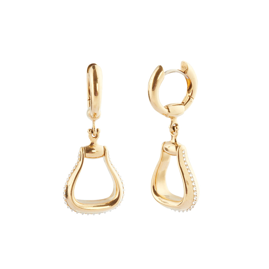 Arunashi Stirrup Gold Hoops, front and angled view