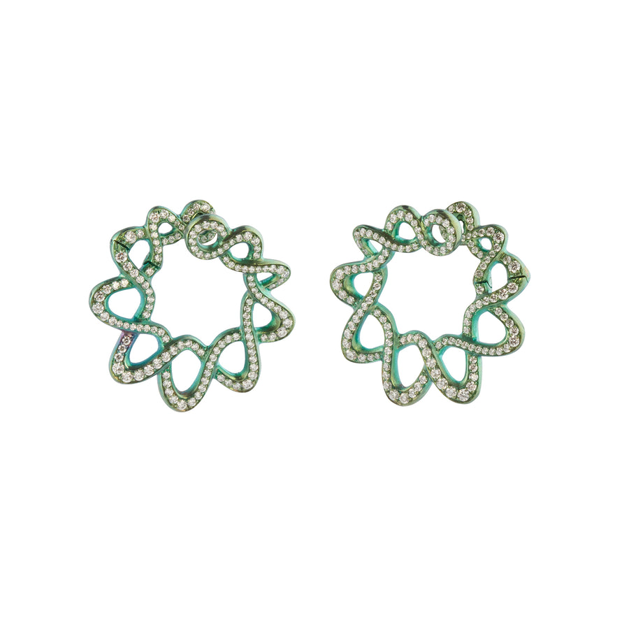 Arunashi Double Spiral Earrings, front and angled view