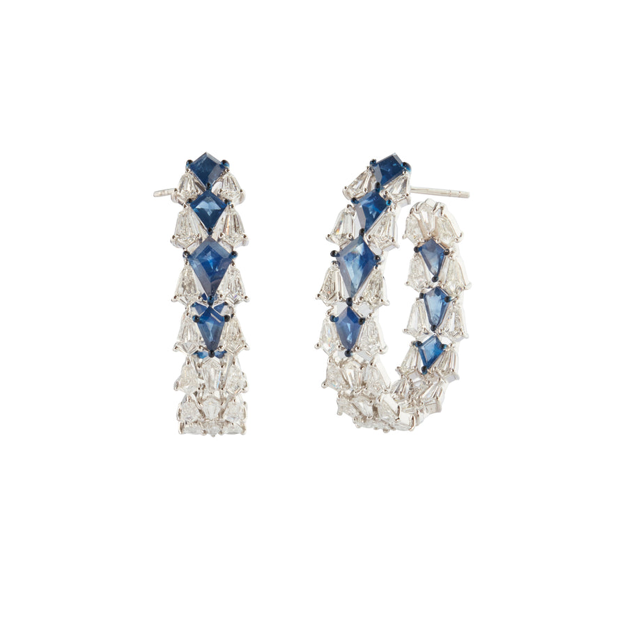 Arunashi Kite Hoop Earrings - Diamond and Sapphire, front and angled view
