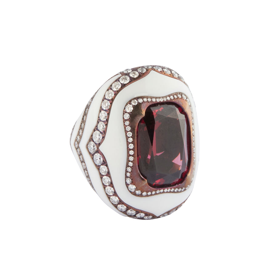 Arunashi Rhodolite Garnet and Cacholong Opal Ring, side view