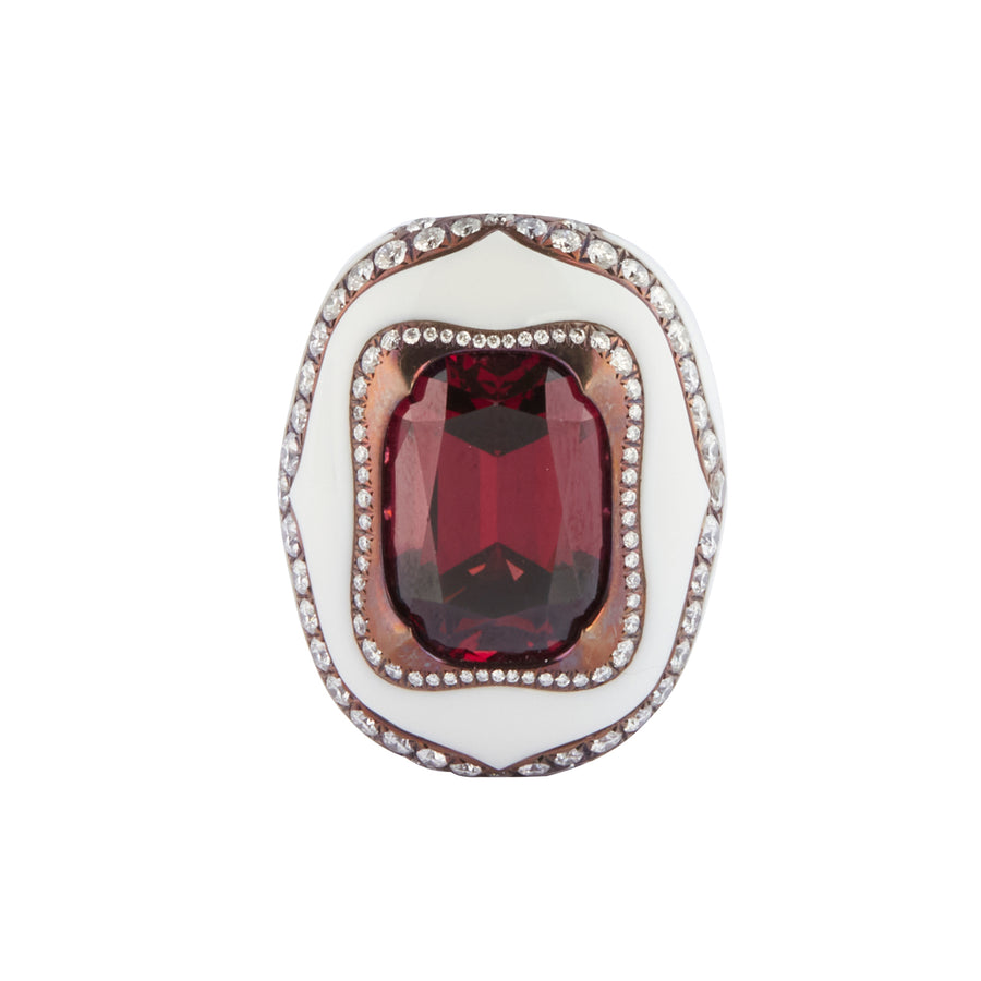 Arunashi Rhodolite Garnet and Cacholong Opal Ring, front view