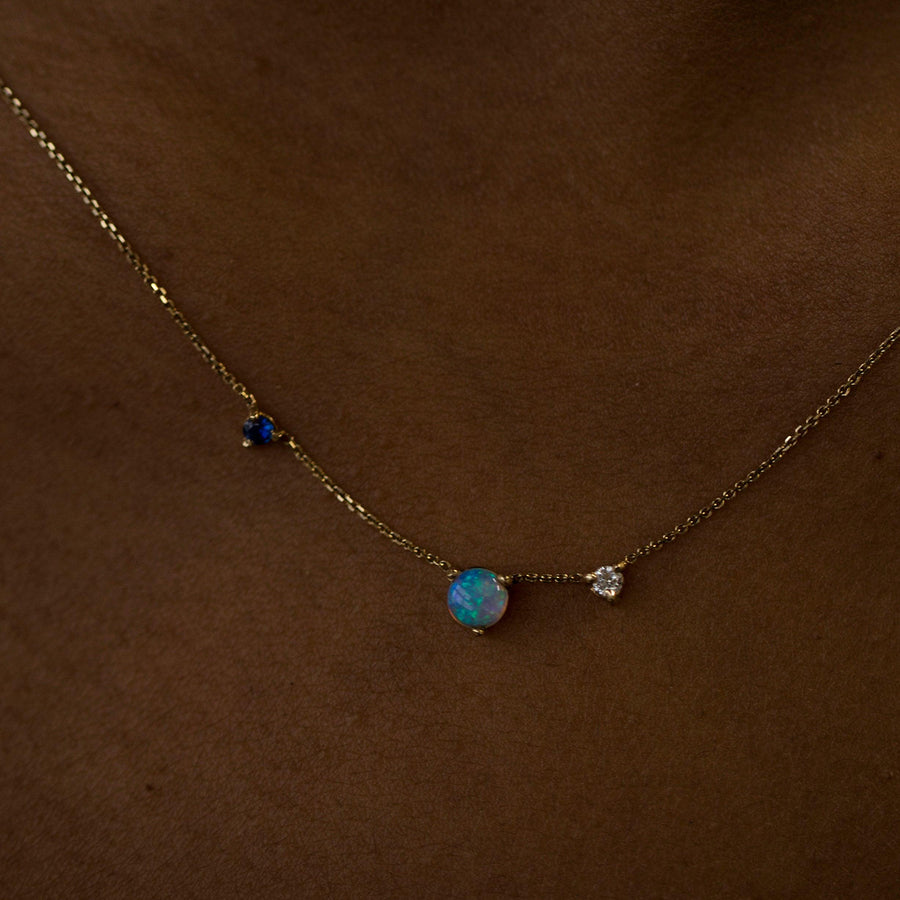 WWAKE Three Step Necklace - Sapphire, Opal & Diamond, on model