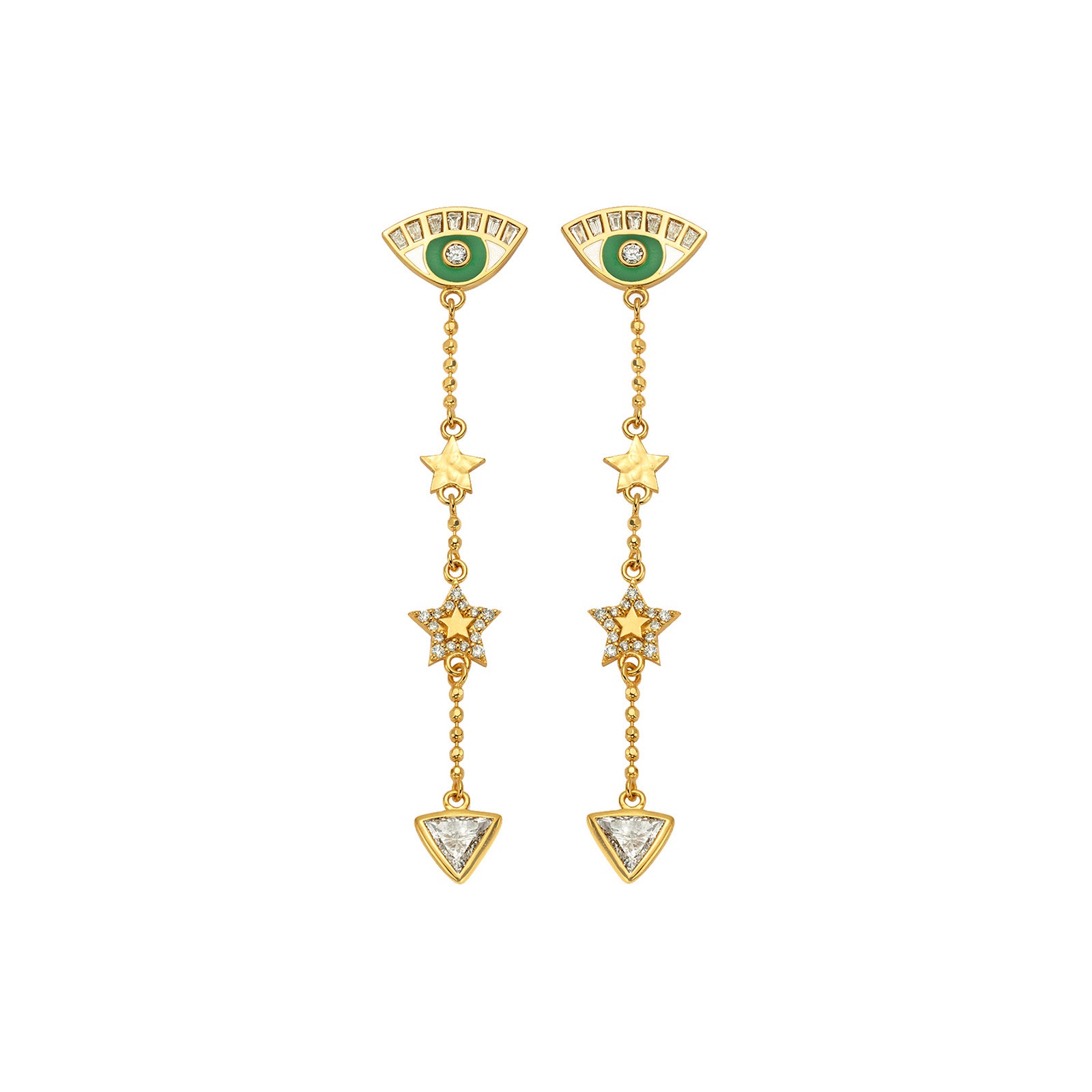 Buddha Mama Evil Eye Drop Earrings - Diamond and Green Enamel - Earrings