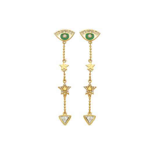 Evil Eye Drop Earrings - Diamond and Green Enamel - Main Img