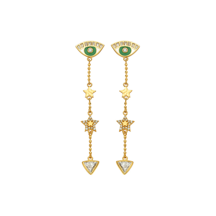 Buddha Mama Evil Eye Drop Earrings - Diamond and Green Enamel - Earrings