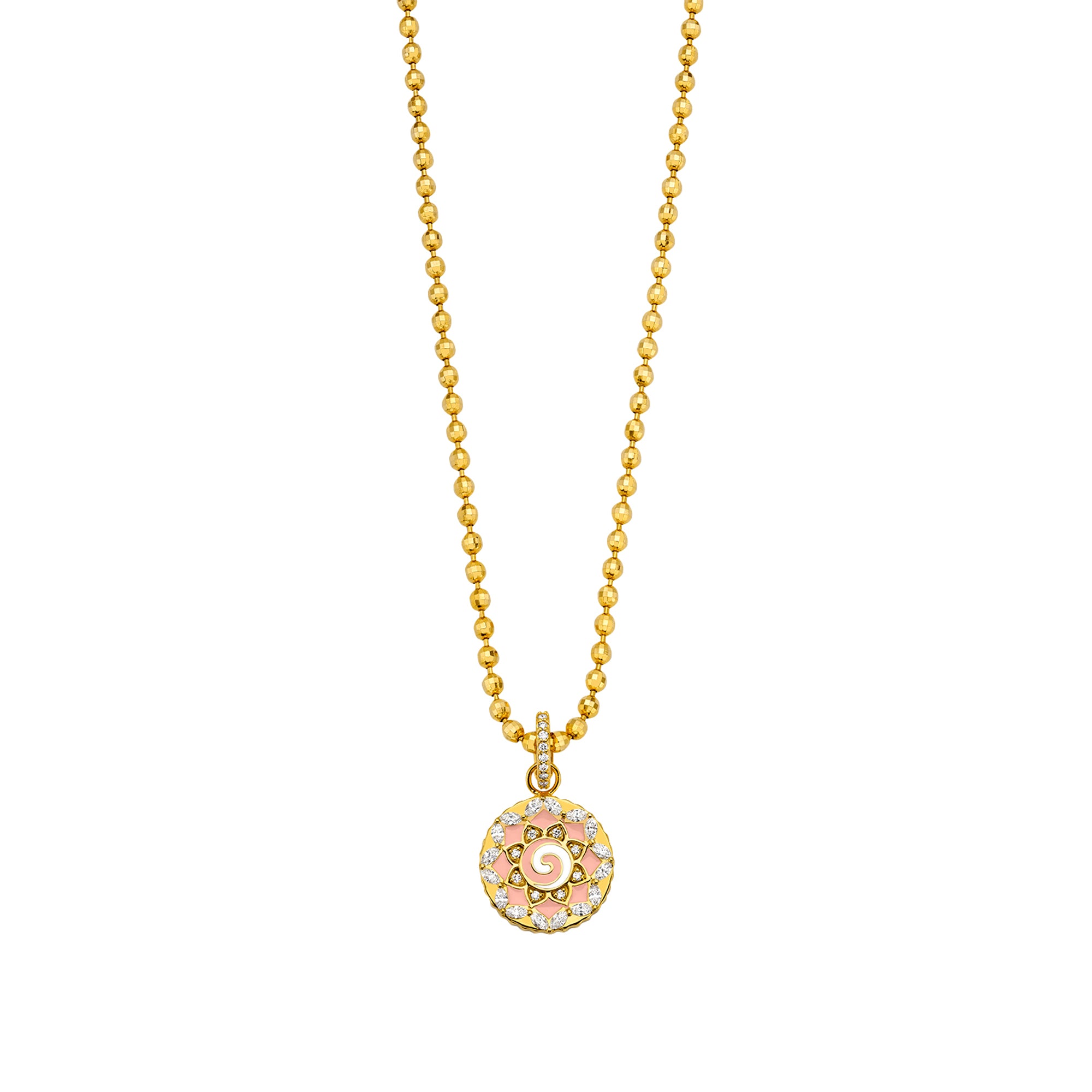 Buddha Mama Swirl Mandala Pendant - Pink, on chain