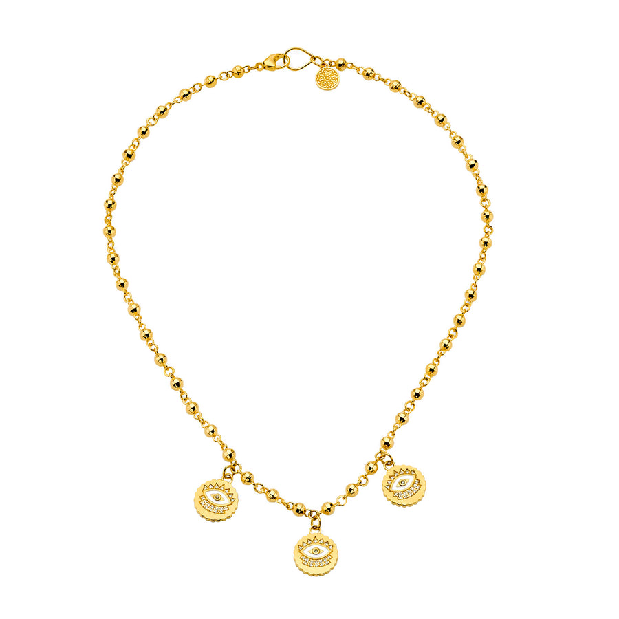 Buddha Mama Triple Evil Eye Scalloped Coin Necklace - Necklaces