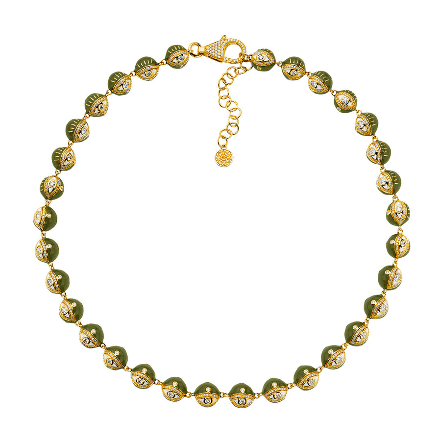 Buddha Mama Diamond and Army Green Enamel Evil Eye Beaded Necklace - Necklaces