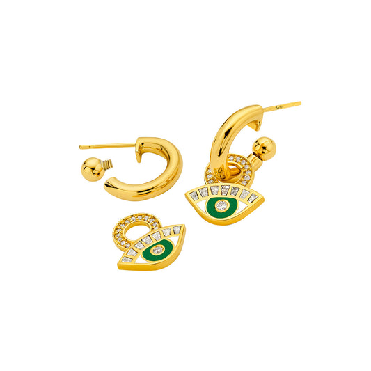 Evil Eye Diamond Hoop Charms - Green Enamel
